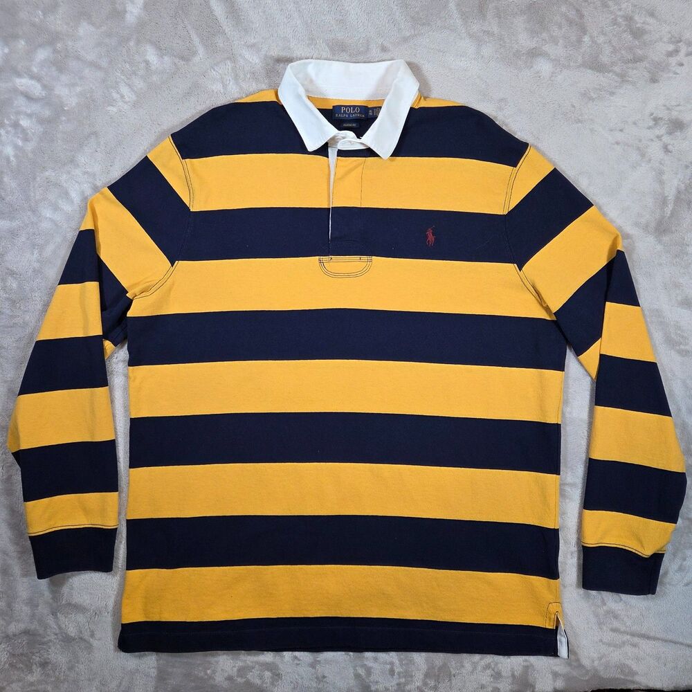 Polo Ralph Lauren Rugby Shirt Mens XL Navy Yellow Stripe Classic Fit Cotton